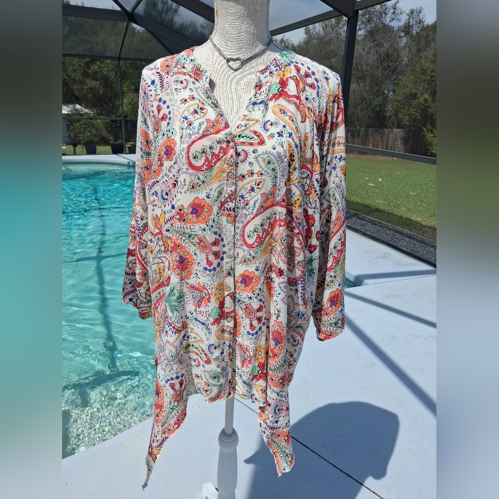 Grand & Green Womens Button Down Hankie Hem Blouse Size 2XL Multicolor Paisley